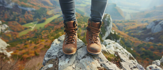 Feet in hiking boots on top of a mountain overlooking a beautiful autumn valley landscape.