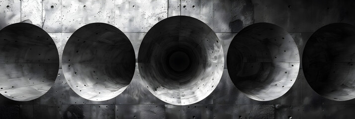 Black and white shapes,
Row of several round lamps. bottom view of glowing lights on dark background
