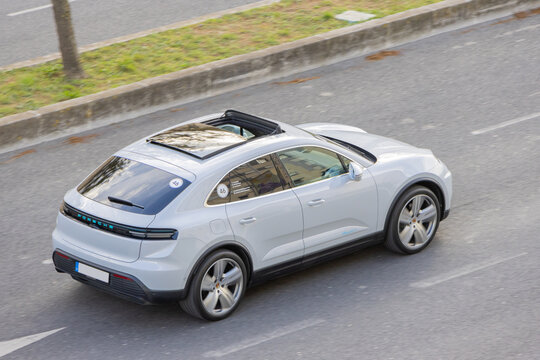 Lisbon, Portugal, March 25th 2024, SUV vehicle from the manufacturer Porsche new model Macan 4, 100% electric
