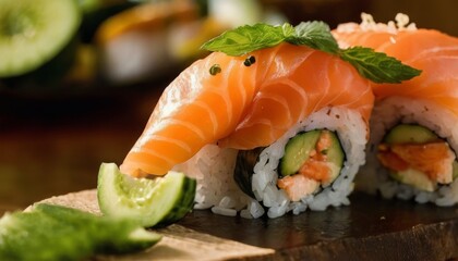 An exquisite sushi selection with fresh salmon sashimi elegantly draped over seasoned rice and cucumber, highlighted by a touch of mint for a vibrant culinary experience.