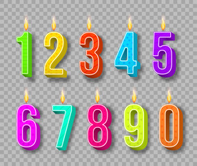 Celebration cake candles burning lights, birthday number and party candle. Birthday anniversary numbers candle. Template set of symbols for invitation to the anniversary. Vector illustration
