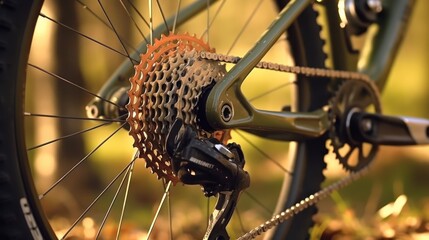 Fototapeta na wymiar Shifting gears on rear transmission of bicycle. Bicycle gear drivetrain and cassette, close up.