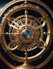 A golden astrolabe stands out as a symbol of navigation and the exploration of the cosmos