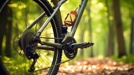 Shifting gears on rear transmission of bicycle. Bicycle gear drivetrain and cassette, close up. - obrazy, fototapety, plakaty