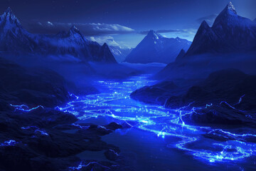 Fantastical Luminous Blue River Flowing Through a Mystical Mountain Landscape