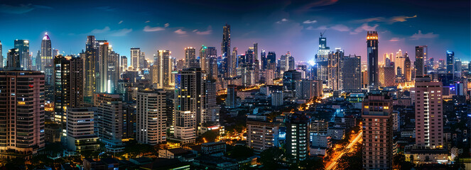 City of Bangkok, Sukhumvit skyline night shot panorama, AI Generative.