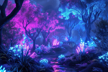 Fototapeta na wymiar Enchanted Neon-Lit Forest with Glowing Flora and Mystical Atmosphere