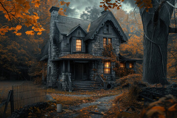 Enigmatic Stone House Nestled Amongst Fall Foliage with a Haunting Twilight Ambiance