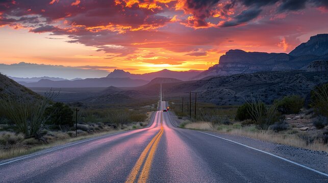 Sunset Serenade A Pink and Yellow Highway at Dusk Generative AI