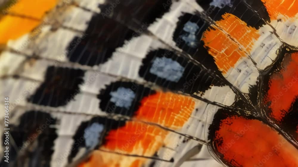 Poster a closeup of a butterfly wing revealing intricate patterns of colorful scales and a unique cellular 