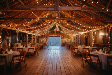 Fototapeta na wymiar Rustic Barn Wedding Venue Decorated with String Lights and Wooden Tables for a Magical Evening