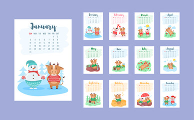 Happy Chinese 2021 year calendar template design with cute cow. 2021 calendar design with bull with hobbies in different seasons of the year. Set of 12 months. Year of the bull. Vector illustration