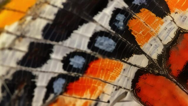 A closeup of a butterfly wing revealing intricate patterns of colorful scales and a unique cellular arrangement. . AI generation.