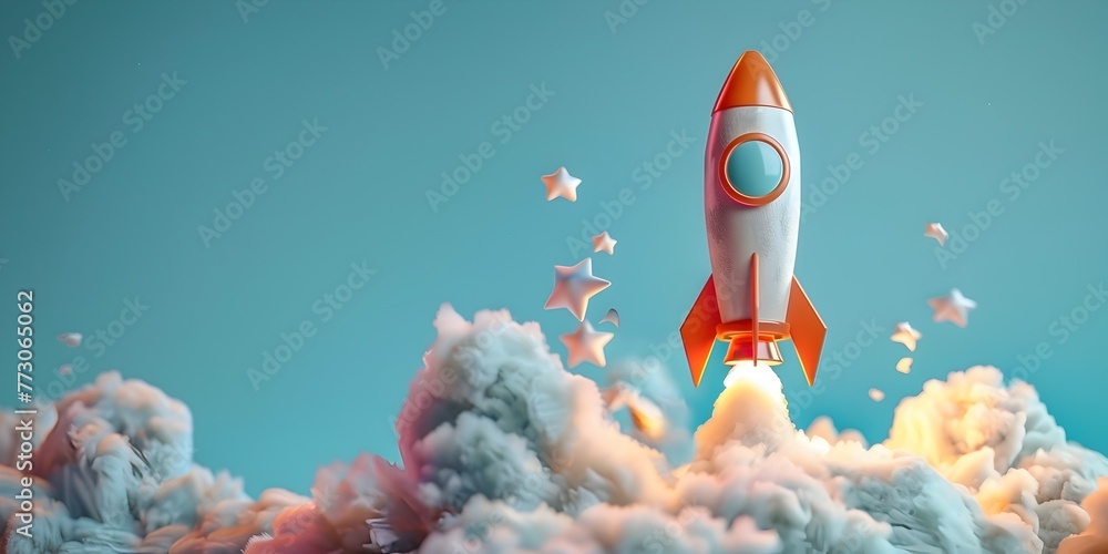 Poster a rocket blasting off into the unknown symbolizing progress and innovation through and ambition