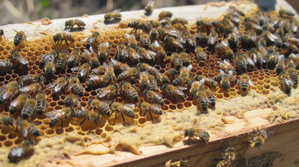 Zbliżenie na grupkę pszczół pracujących na plastrze miodu - obrazy, fototapety, plakaty