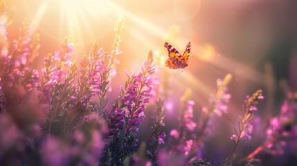 A violet heather flower and butterfly are in rays of summer sunlight on a spring day outside in nature macro