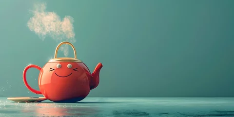 Poster a charming red tea kettle character with a smiling face whistling happily as steam rises from its spout © Thares2020