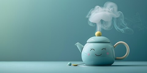 Whimsical Tea Kettle Character Whistling with Joyful Steam of Satisfaction in Minimalist Setting - obrazy, fototapety, plakaty