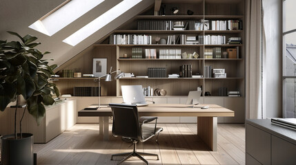 A chic home office space in a Scandinavian loft, complete with a sleek desk, ergonomic chair, and floor-to-ceiling bookshelves filled with design books and decorative objects. 8K.
