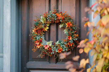 Fototapeta na wymiar Seasonal Fall Wreath Adorning a Front Door Among Autumn Leaves