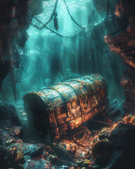 Ancient shipwreck, treasure chest, murky depths, stormy weather, 3D render, dramatic backlighting, HDR - obrazy, fototapety, plakaty