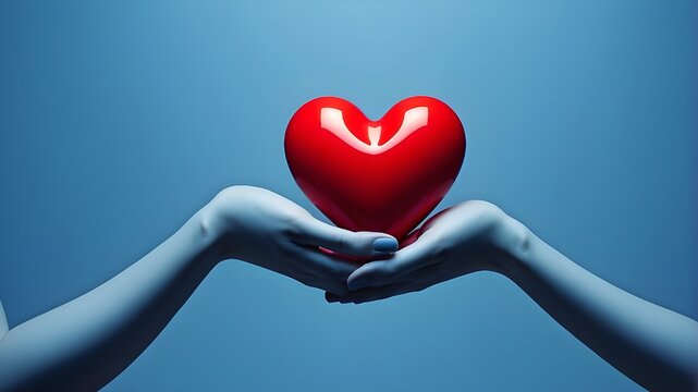 The contrast of the bold red heart against the cool blue background creates a striking image, as if the hands are offering a symbol of passion and devotion.