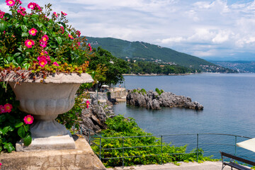 Beautiful coastline with large flower bowl in the foreground in Lovran, Istria, Croatia