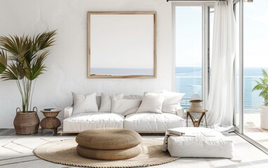 Fototapeta na wymiar Mockup frame close up in coastal style home interior background, 3d render