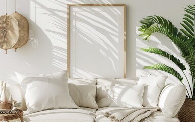 Mockup frame close up in coastal style home interior background, 3d render