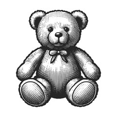 classic teddy bear toy with a bow tie in engraving style sketch engraving generative ai fictional character raster illustration. Scratch board imitation. Black and white image.