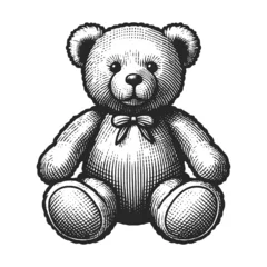 Foto op Aluminium classic teddy bear toy with a bow tie in engraving style sketch engraving generative ai fictional character raster illustration. Scratch board imitation. Black and white image. © Oleksandr Pokusai