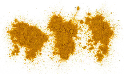 Scattered piles of turmeric (spices curcuma) isolated on a transparent background. Top view.
