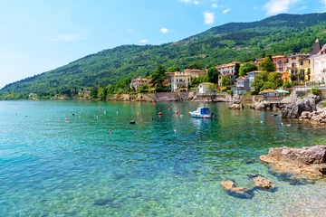 Foto auf Acrylglas Beautiful coastline with boat and rocks in Lovran, Istria, Croatia © EKH-Pictures