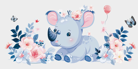 Illustration of an adorable cartoon koala surrounded by pastel flowers, leaves and butterflies, giving off a serene and cheerful vibe.