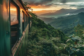 train carriage nature Thailand landscape - obrazy, fototapety, plakaty