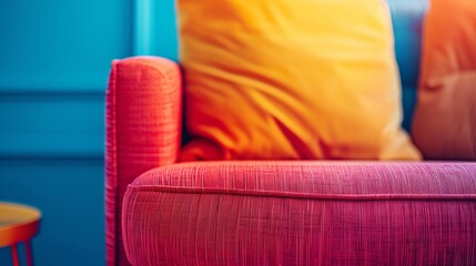 A close up of a colorful couch with pillows and an orange table, AI - 773066819