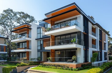 Modern apartment building exterior with glass balconies an large windows with decorative elements.