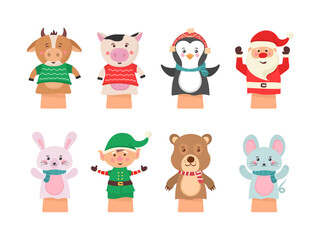 Cartoon vector icon isolated on white background theater puppets. Hands puppets play doll, cute and funny animals. Dolls from socks on hands and fingers toys for kids vector funny characters