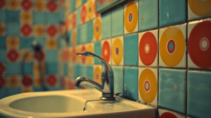 A sink with a faucet and colorful tiles on the wall, AI - 773067007