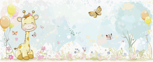 An illustrated pastel giraffe with balloons surrounded by butterflies and flowers on a whimsical nature-themed background.