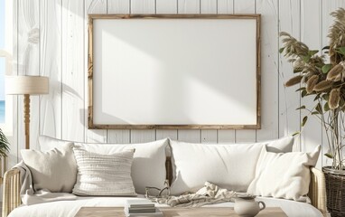 Mockup frame close up in coastal style home interior background, 3d render