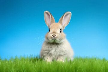 A fluffy baby bunny sitting on a bed of vibrant green grass, its ears perked up in curiosity, against a solid blue background.