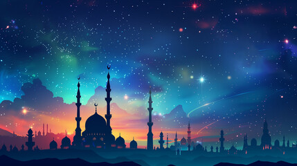 Fototapeta premium Serenity at Dusk, Mosque Illustration in Sunset Glow for Ramadan