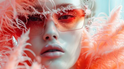 A woman with red glasses and feathers on her face, AI - 773067486