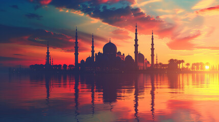 Fototapeta premium Mosque Tranquility, Sunset Illustration Providing Serene Ramadan Ambiance