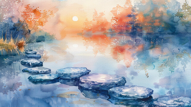 Inner peace, tranquil lake, self-reflection symbol, practicing gratitude, realistic watercolor painting, pastel colors, golden hour lighting
