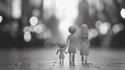 A black and white photo of a family walking down the street, AI - 773067820