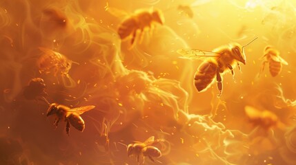 bees swarm fly carry honey - obrazy, fototapety, plakaty