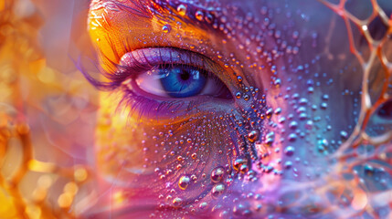 A close up of a woman's face with colorful eyes and hair, AI - 773068019