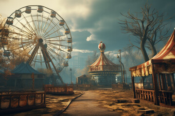 Old, Forsaken Amusement Park with Vintage Ferris Wheel in a Dreamy Haze - obrazy, fototapety, plakaty
